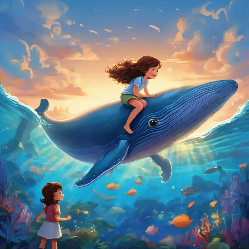 Max has curly brown hair and bright blue eyes and A big blue whale with a kind twinkle in her eye cherish their incredible adventure and the special connection they forged.