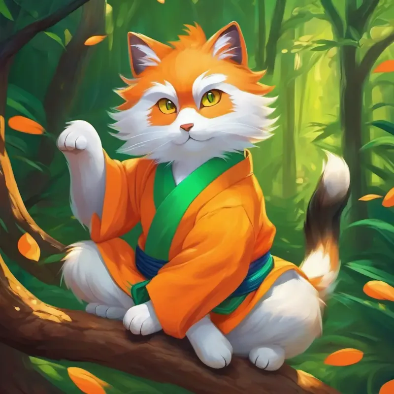 Tao - Orange fur, bright green eyes, playful and brave delves into his heritage, embracing wisdom and practicing martial arts.