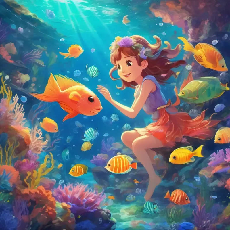 Sea fairies playing and interacting with the sea creatures in the colorful coral reefs