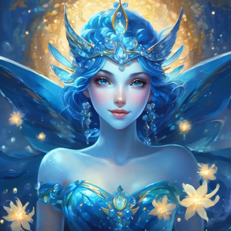 Description of Shimmering blue skin, sparkling jewel-like eyes, the leader of the sea fairies, with sparkling blue skin and eyes