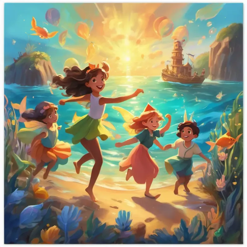 The sea fairies using their teamwork to find the treasure and then celebrating with a dance party