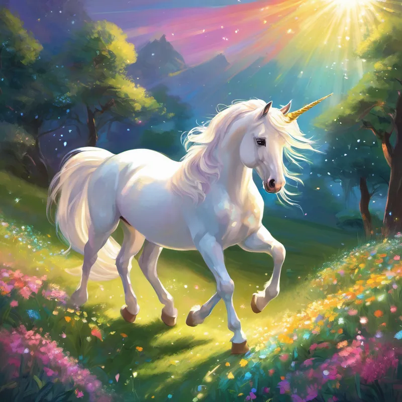 Once upon a time, in a magical land called Rainbowsong, there lived a beautiful and kind-hearted unicorn named Sparkle. Sparkle had a shimmering white coat that glistened under the warm rays of the sun, and a horn that sparkled and twinkled like a thousand stars. Sparkle loved exploring every inch of Rainbowsong, and as she trotted through the lush meadows, she would sprinkle a touch of magic that made flowers bloom and birds sing. She had a special gift—the power to grant wishes.
