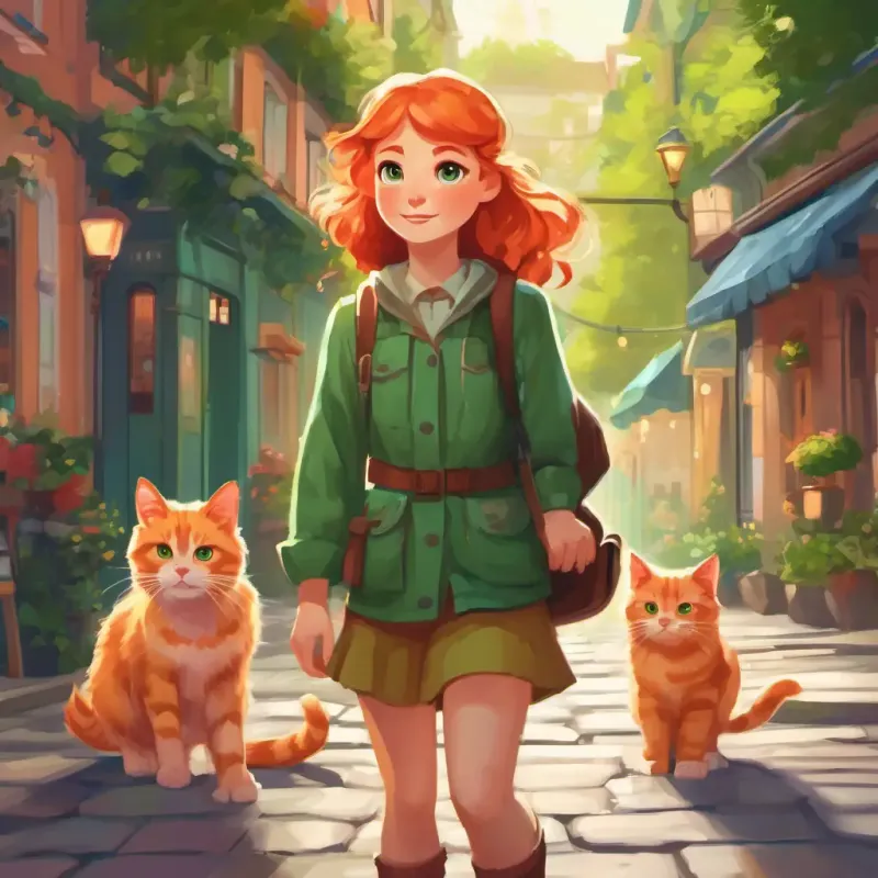 In a lively town, Brave girl with bright eyes, pink cheeks, and a determined spirit and Fluffy ginger cat with curious green eyes and a mischievous demeanor started their adventure with the disappearance of Fluffy ginger cat with curious green eyes and a mischievous demeanor.