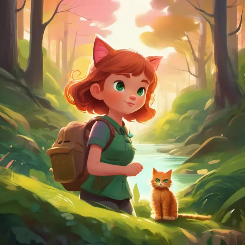 Brave girl with bright eyes, pink cheeks, and a determined spirit ventured through forests and rivers, meeting a tricky figure during her search for Fluffy ginger cat with curious green eyes and a mischievous demeanor.