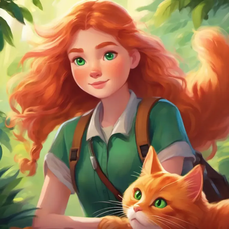 Brave girl with bright eyes, pink cheeks, and a determined spirit's cleverness led to an unexpected friendship and the return of Fluffy ginger cat with curious green eyes and a mischievous demeanor, leading to a heartwarming ending.