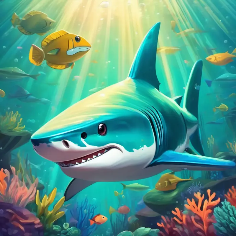 Introduction to Teal shark with friendly eyes, always wearing a superhero cape in the vibrant and colorful underwater world.