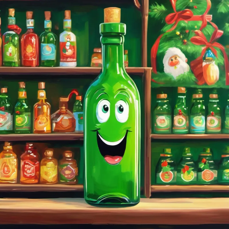 Cheerful green bottle with a bright, friendly face on store shelf, bright-eyed, eager for a new owner.