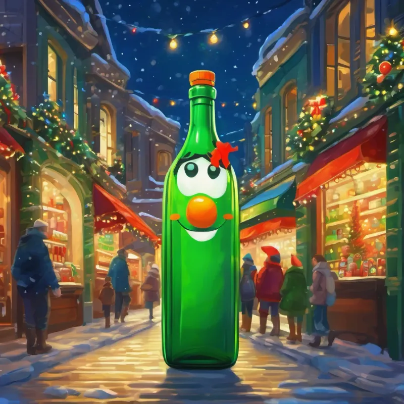 Cheerful green bottle with a bright, friendly face overlooked by busy shoppers.