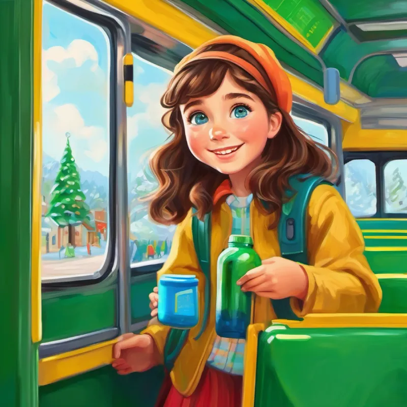 Young girl with brown hair, blue eyes, loving and kind searching the bus, calling out for Cheerful green bottle with a bright, friendly face.