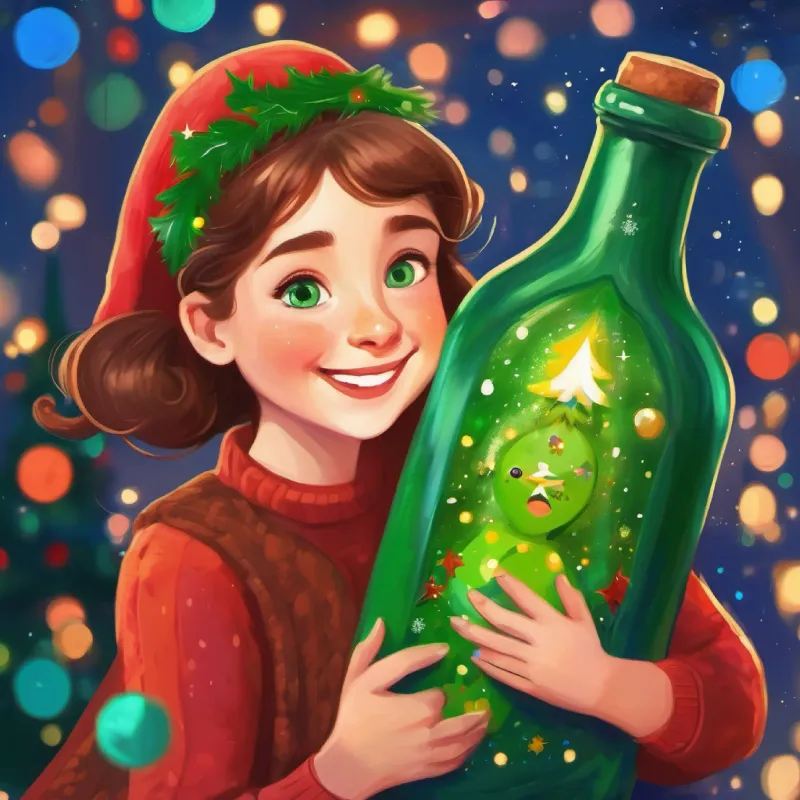Cheerful green bottle with a bright, friendly face hugged by Young girl with brown hair, blue eyes, loving and kind, reunited, both happy.