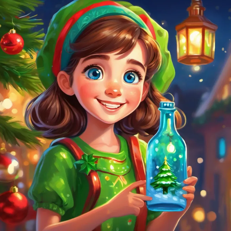 Young girl with brown hair, blue eyes, loving and kind sees Cheerful green bottle with a bright, friendly face for the first time, eyes wide with excitement.
