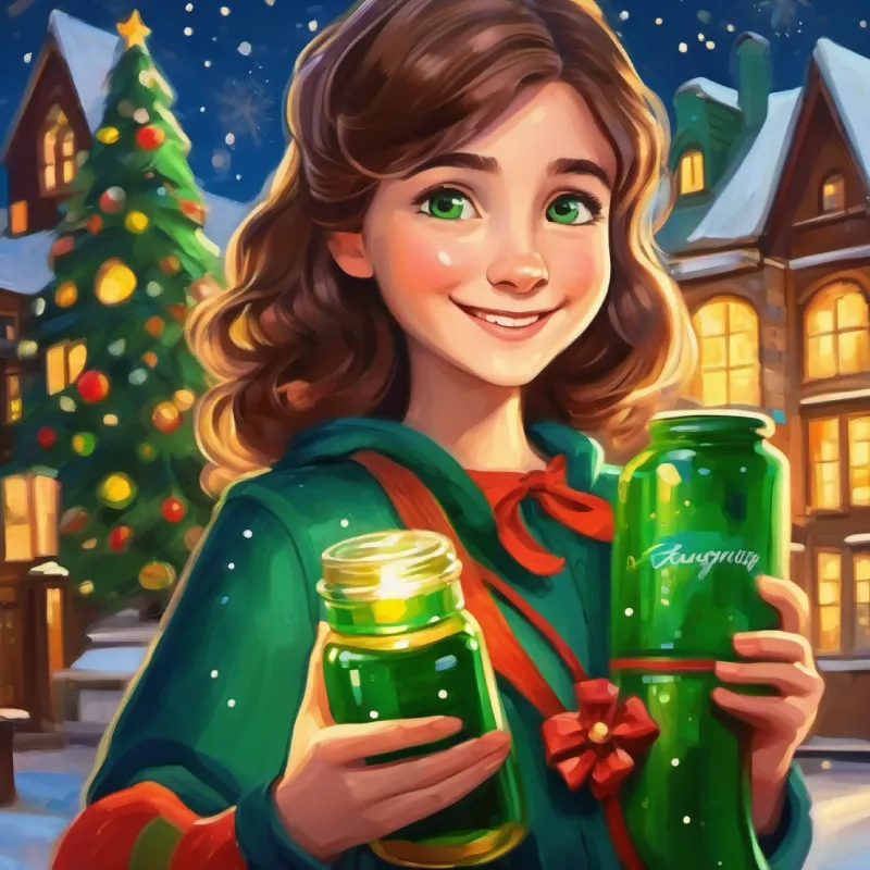 Cheerful green bottle with a bright, friendly face with Young girl with brown hair, blue eyes, loving and kind, both beaming with joy.