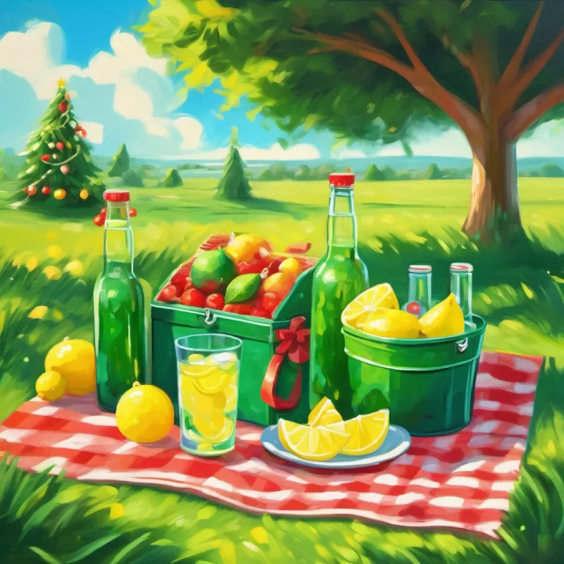 Picnic scene, Cheerful green bottle with a bright, friendly face filled with lemonade, under a sunny sky.