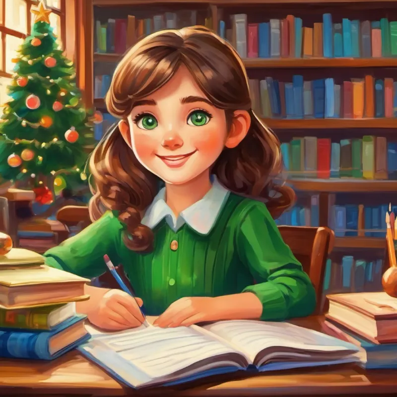 Cheerful green bottle with a bright, friendly face by Young girl with brown hair, blue eyes, loving and kind's desk at school, surrounded by books and papers.