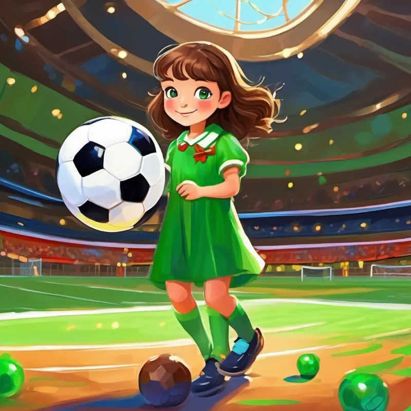Soccer field edge, Cheerful green bottle with a bright, friendly face watching keenly as Young girl with brown hair, blue eyes, loving and kind plays.
