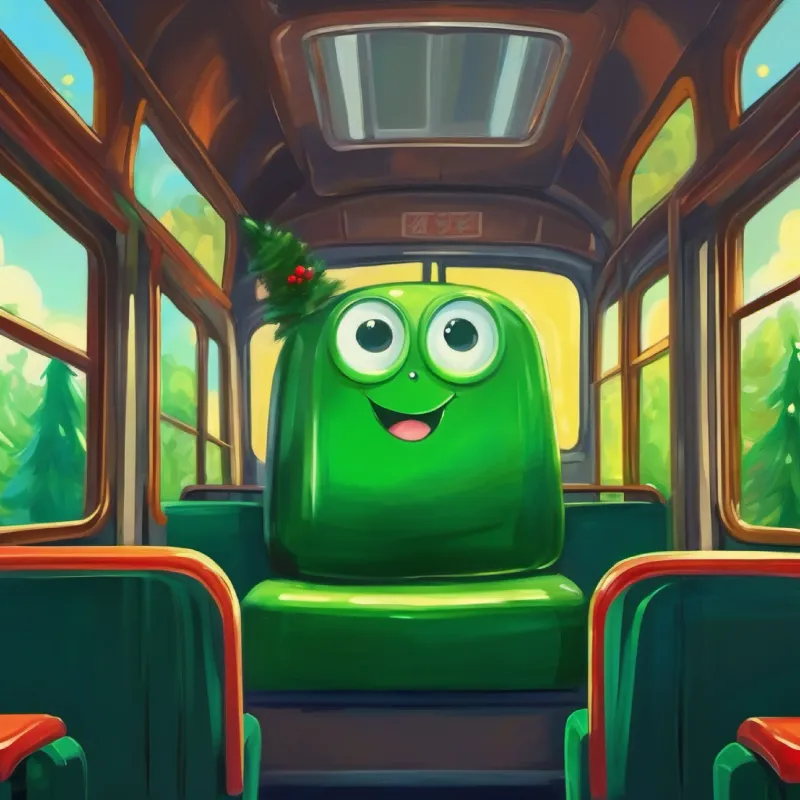 Empty bus seat, Cheerful green bottle with a bright, friendly face left behind, looking forlorn.
