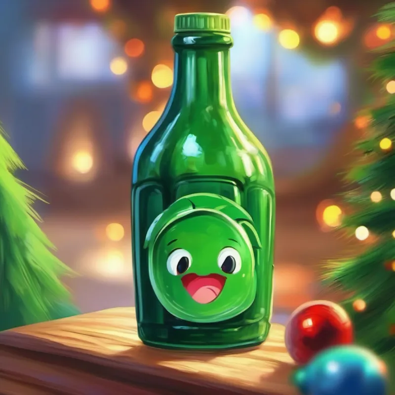 Cheerful green bottle with a bright, friendly face alone, feeling abandoned, worried expression.
