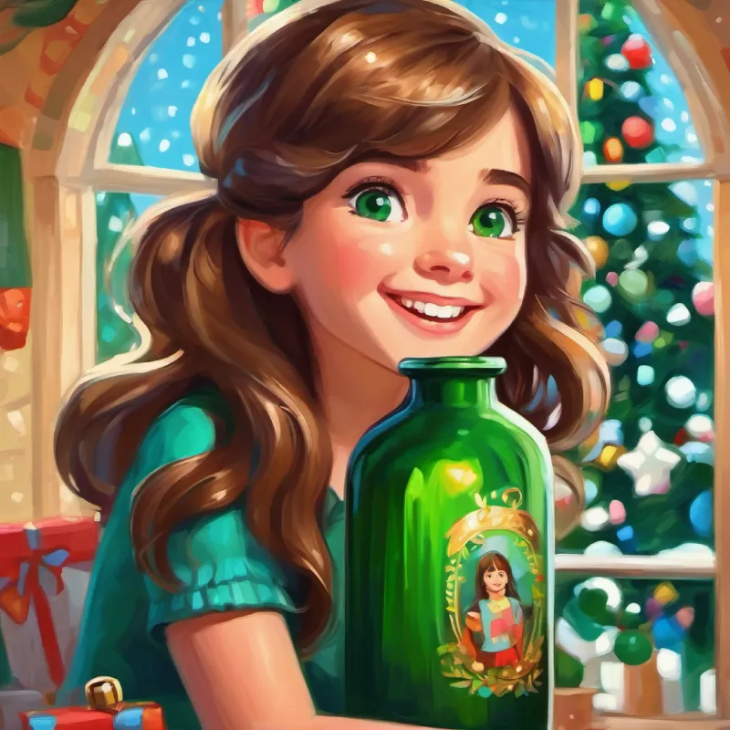 Cheerful green bottle with a bright, friendly face reminiscing about her times with Young girl with brown hair, blue eyes, loving and kind, hopeful.