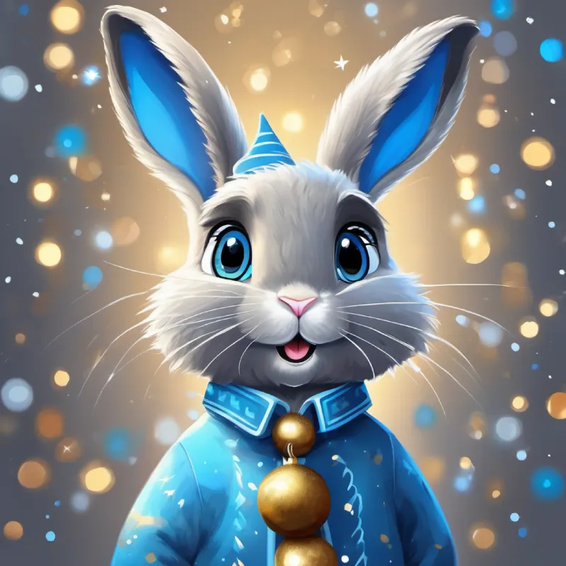 Confident A swift rabbit, gray fur, sparkling blue eyes boasting about winning