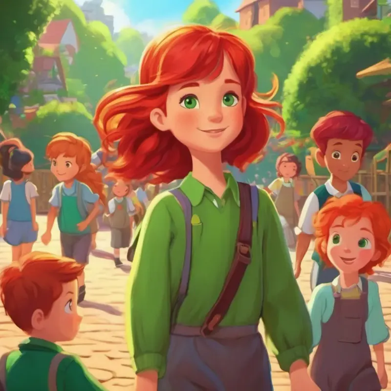 Recess play scene, Red hair, green eyes, freckles, fair complexion included in group activity.