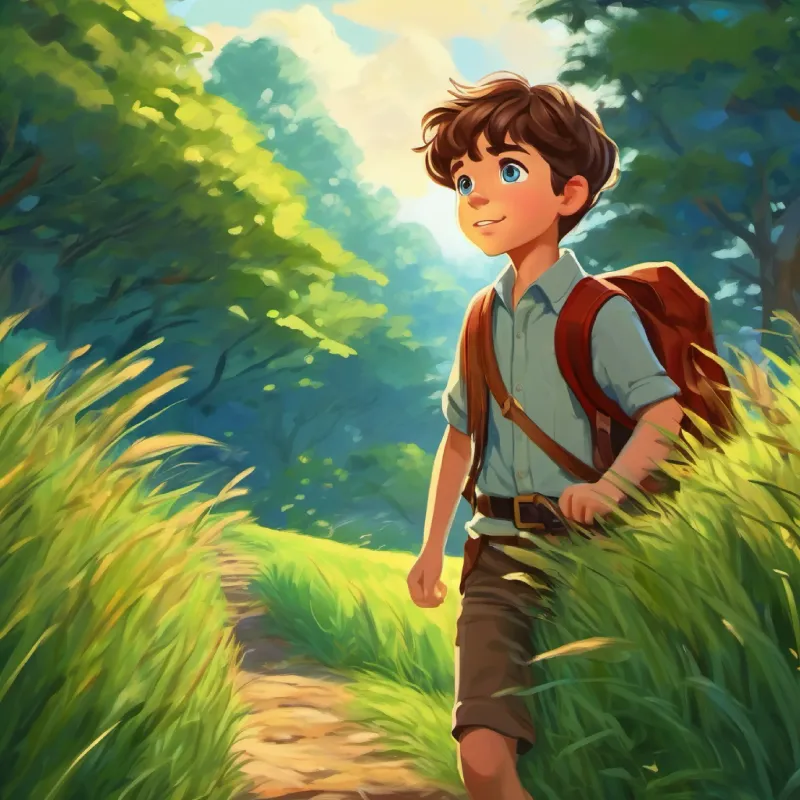 Curious, brown hair, blue eyes, adventure-loving boy decides today's adventure, setting out into the grass.
