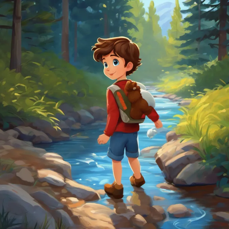 Curious, brown hair, blue eyes, adventure-loving boy finds paw prints to follow, potentially leading to the creek.