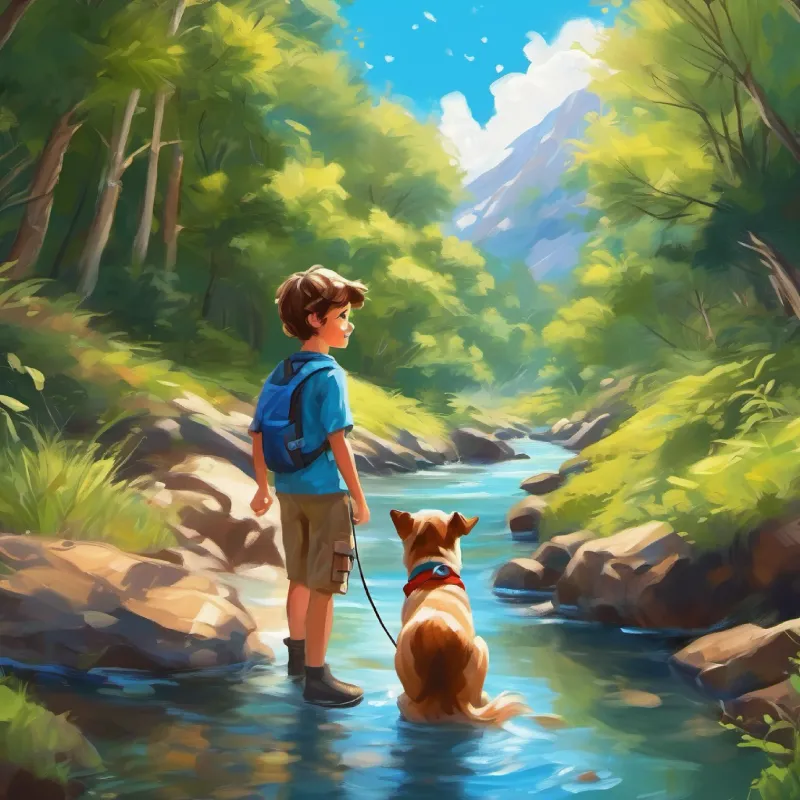 The dogs and Curious, brown hair, blue eyes, adventure-loving boy enjoy the cool creek water.