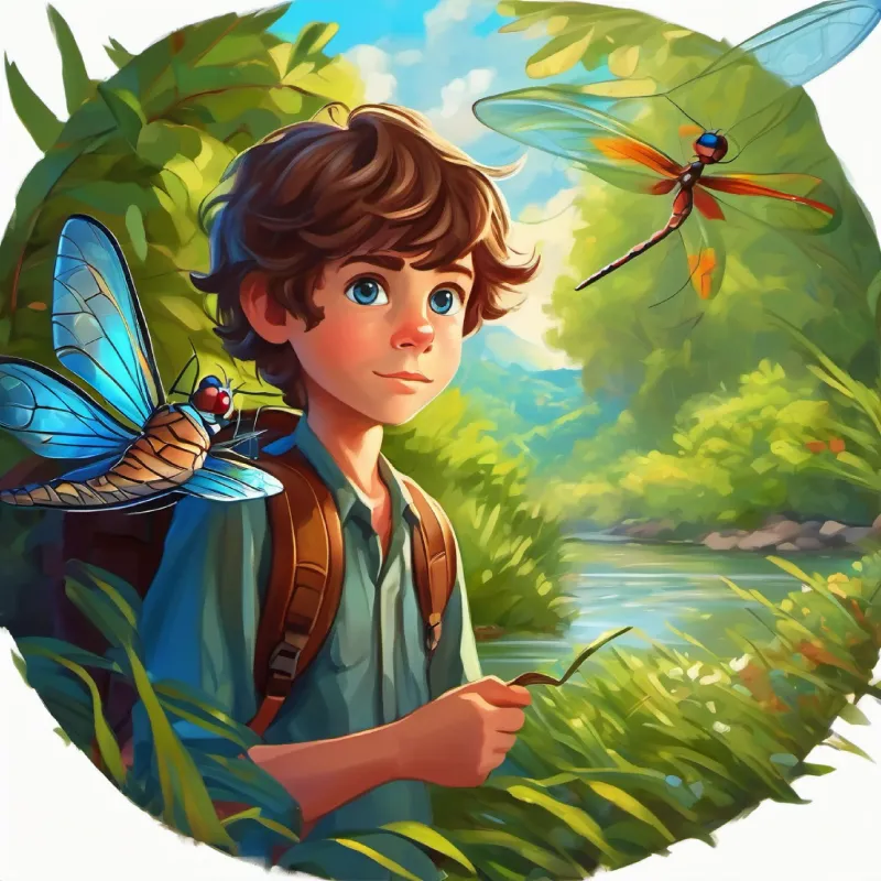 Curious, brown hair, blue eyes, adventure-loving boy feels a connection with nature, marveling at a dragonfly.