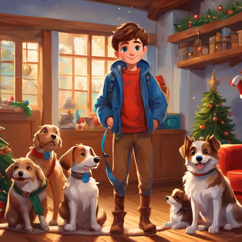 Introducing Curious, brown hair, blue eyes, adventure-loving boy and dogs at home, ready for an adventure.