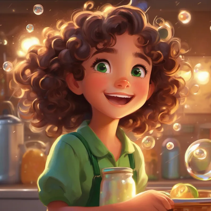 A girl with curly brown hair and big green eyes, bubbly laughter concludes chores and spots sparkling object, evening time