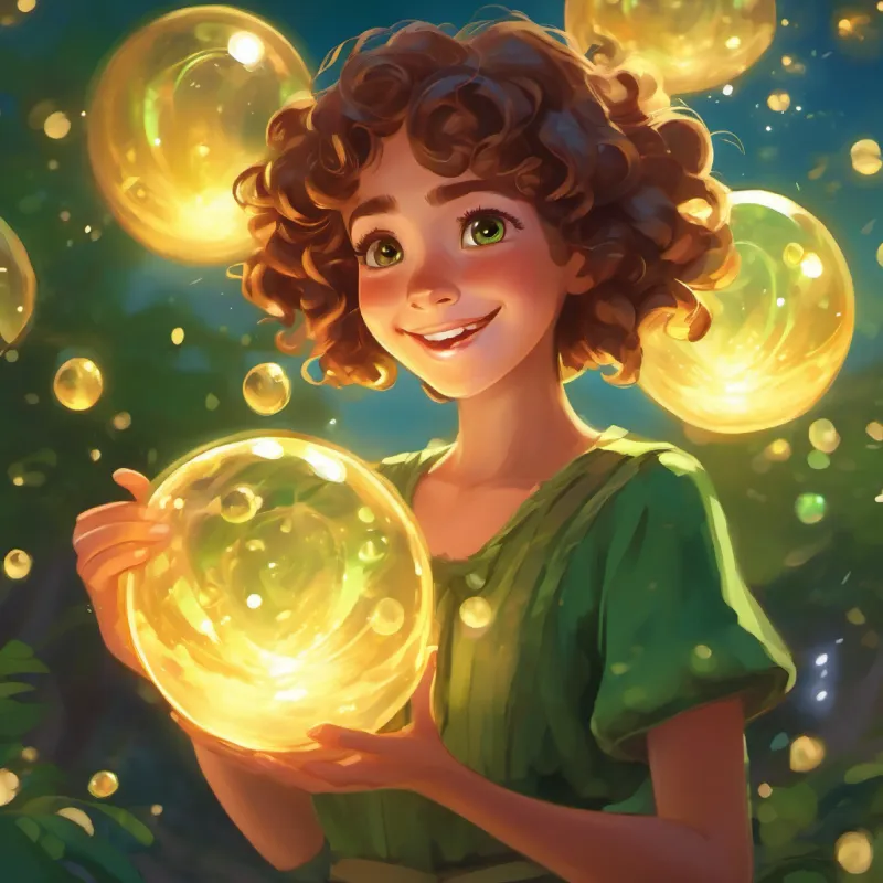 A girl with curly brown hair and big green eyes, bubbly laughter finds a glowing stone, starts floating, magic rises with the wind