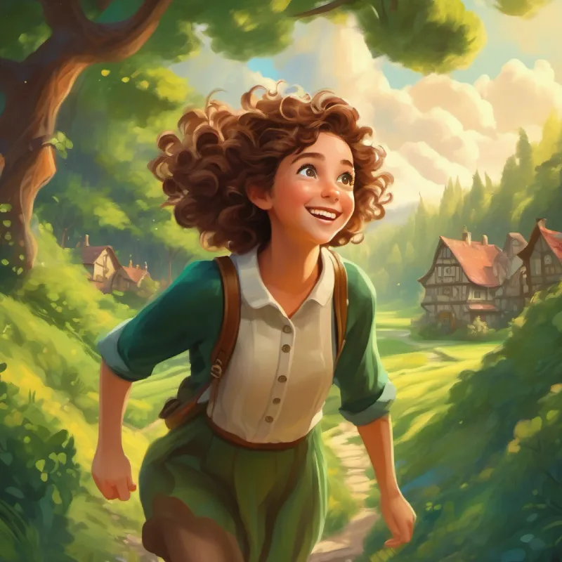 Soaring above the village, A girl with curly brown hair and big green eyes, bubbly laughter heads toward the Whispering Woods