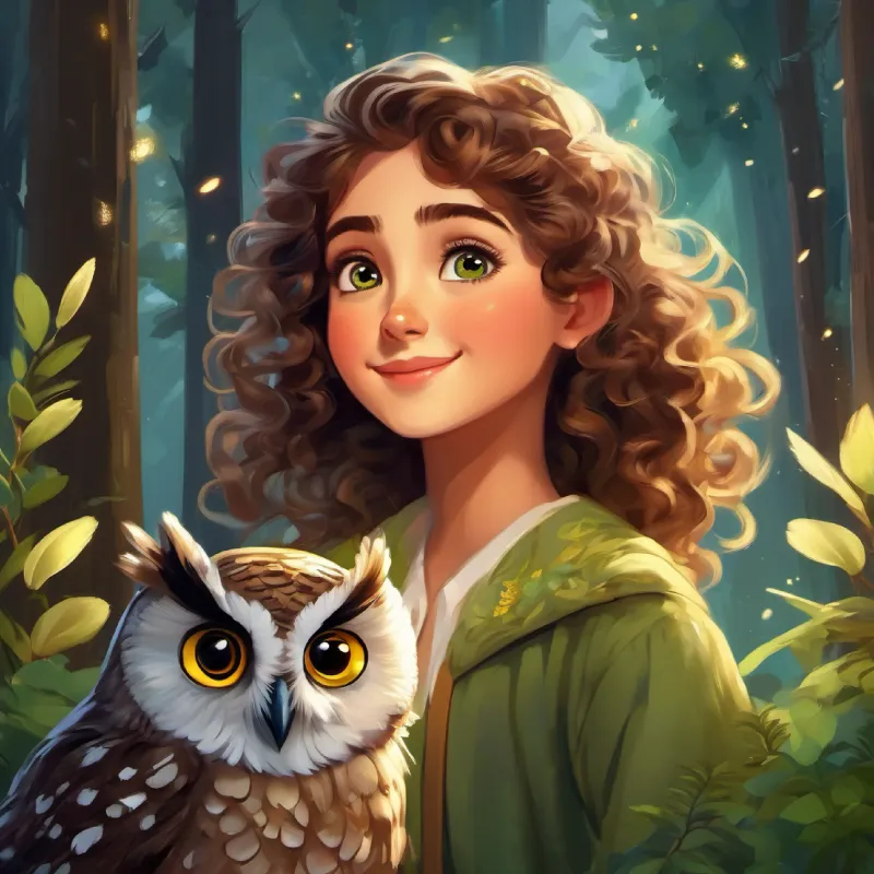 A girl with curly brown hair and big green eyes, bubbly laughter lands in a magical forest and meets A wise owl with grey feathers and twinkling golden eyes, looks kind the owl