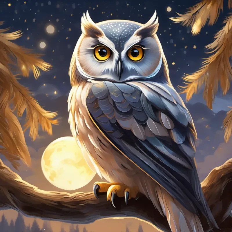 A wise owl with grey feathers and twinkling golden eyes, looks kind needs help finding the Moonstone for a festival