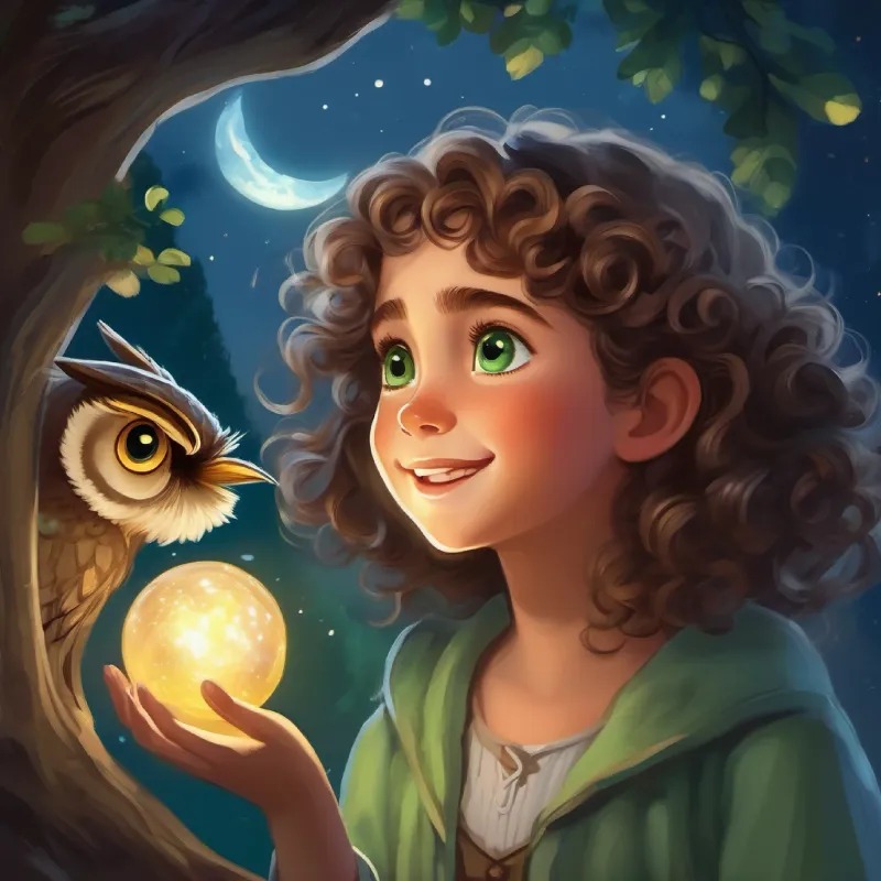 A girl with curly brown hair and big green eyes, bubbly laughter searches for the Moonstone following A wise owl with grey feathers and twinkling golden eyes, looks kind's clues and riddles