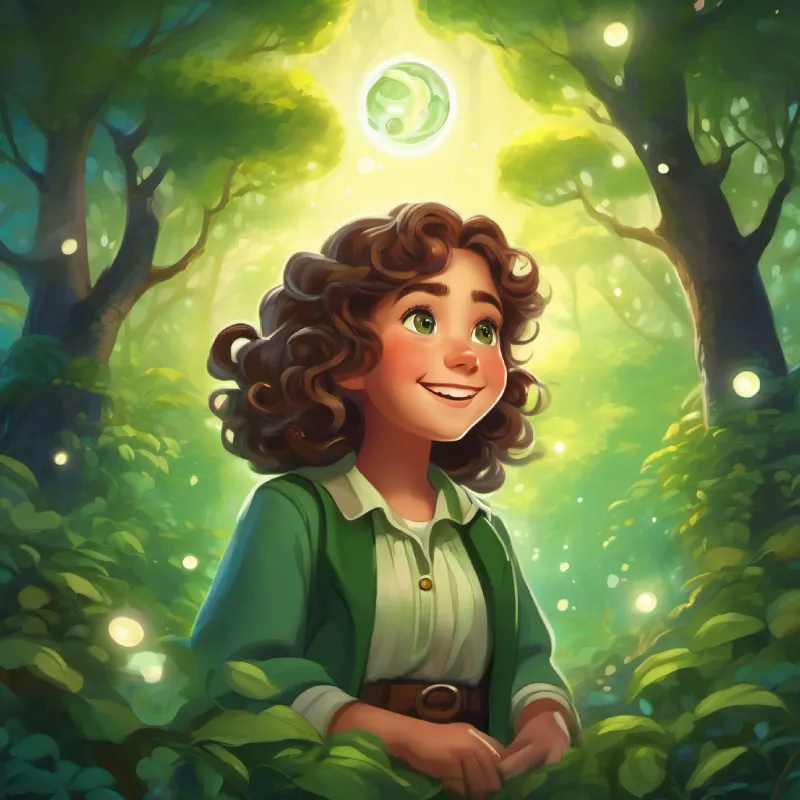 Solving the final riddle, A girl with curly brown hair and big green eyes, bubbly laughter returns the Moonstone to the magical forest