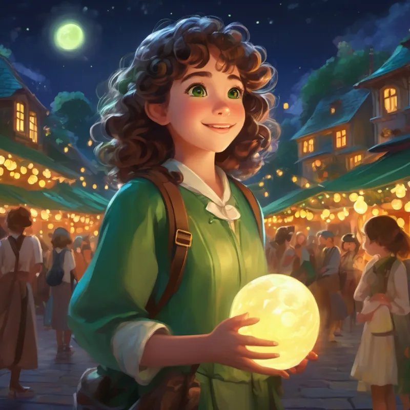 The Moonlight Festival begins, magical adventure ends, A girl with curly brown hair and big green eyes, bubbly laughter back home