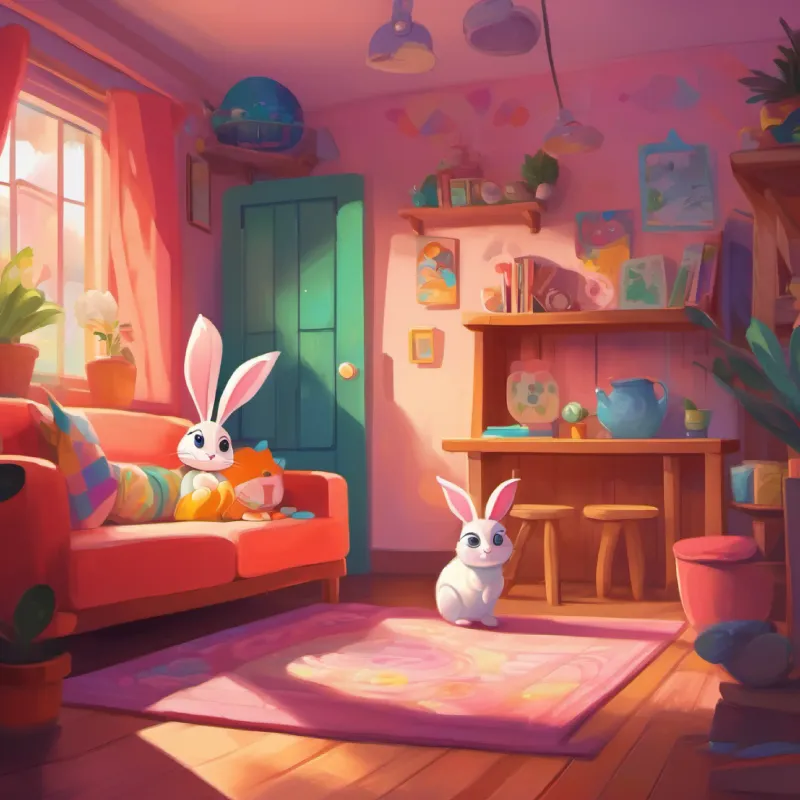 Introduction of Little girl, mischievous, loves colors, bright big eyes and Quiet bunny, loves cozy corners, soft fur, gentle eyes in their colorful, modern home.