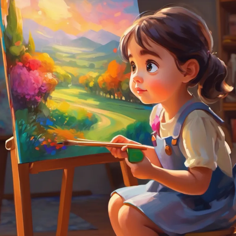Little girl, mischievous, loves colors, bright big eyes tries to apologize with a painting.