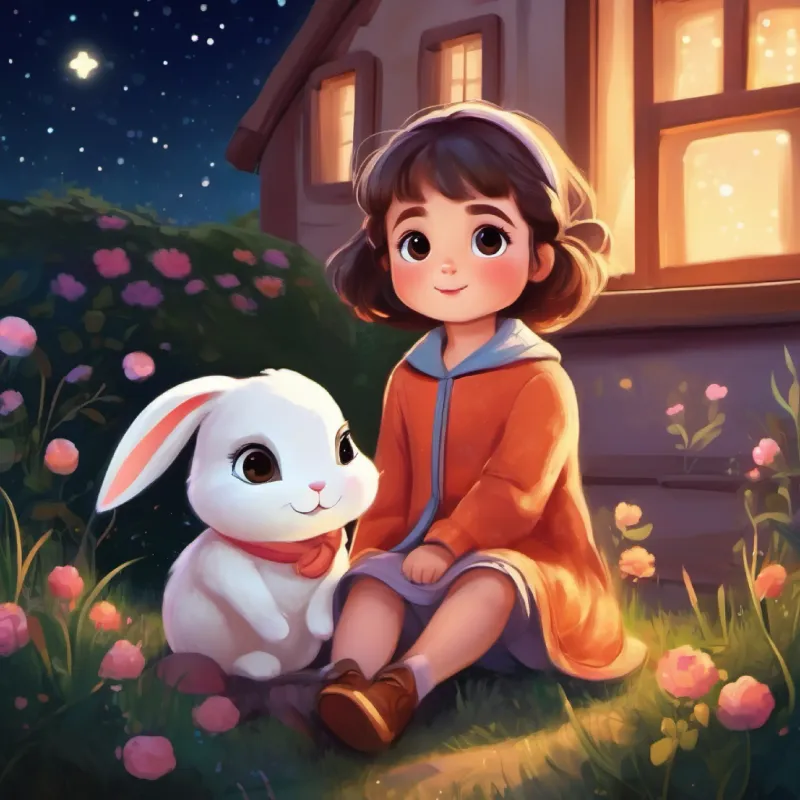 Quiet bunny, loves cozy corners, soft fur, gentle eyes forgives Little girl, mischievous, loves colors, bright big eyes, they reconcile under the stars.