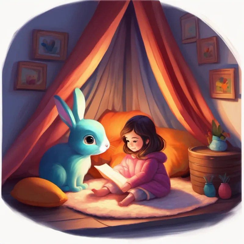 Little girl, mischievous, loves colors, bright big eyes and Quiet bunny, loves cozy corners, soft fur, gentle eyes share stories in their blanket tent.