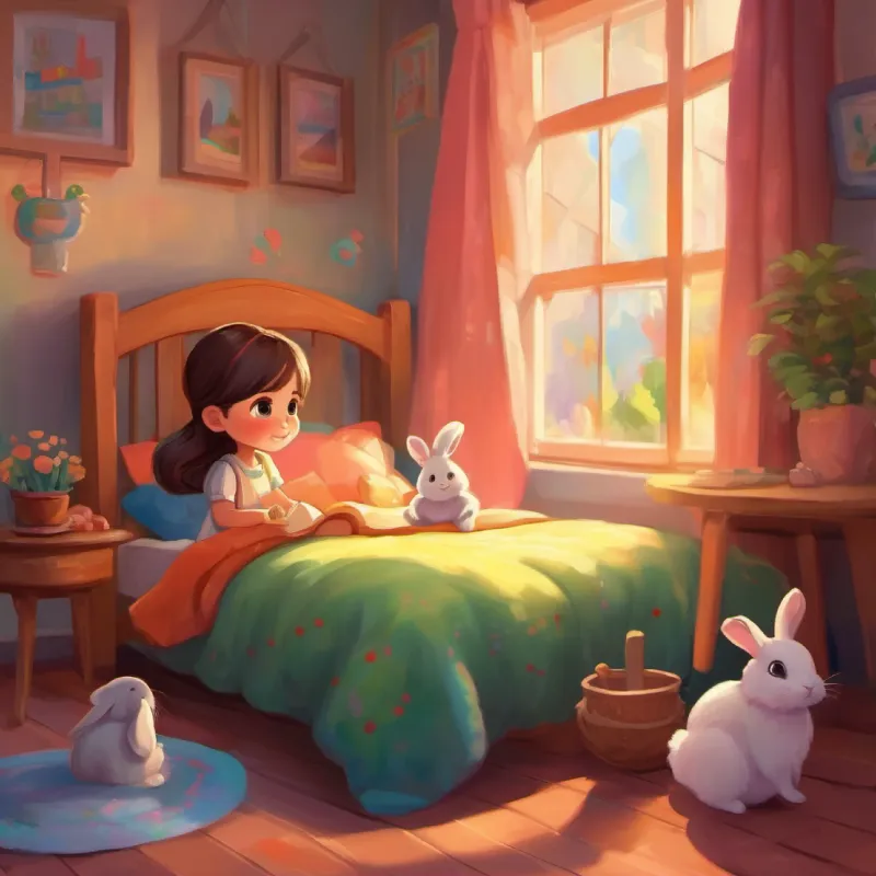 Little girl, mischievous, loves colors, bright big eyes and Quiet bunny, loves cozy corners, soft fur, gentle eyes's friendship grows stronger than ever.