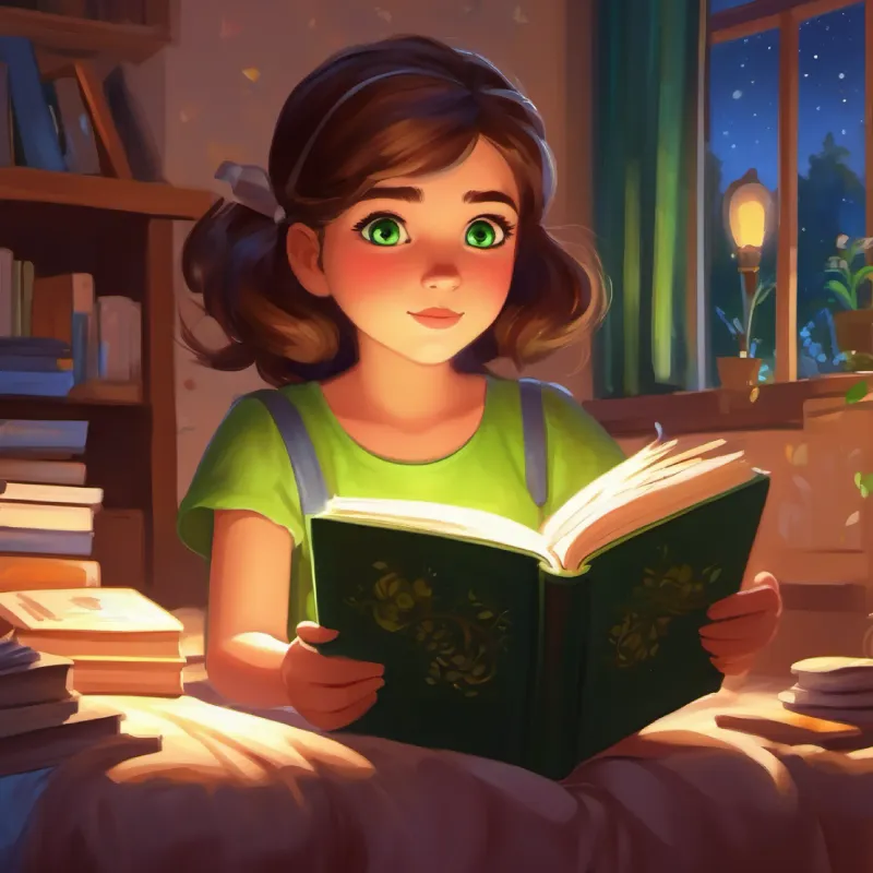 Girl with brown hair and bright green eyes, always curious at home, preparing for bedtime with a book.