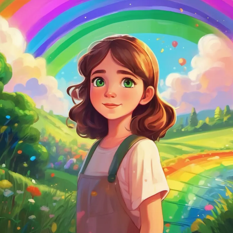 Girl with brown hair and bright green eyes, always curious entering a colorful dream world under a rainbow sky.