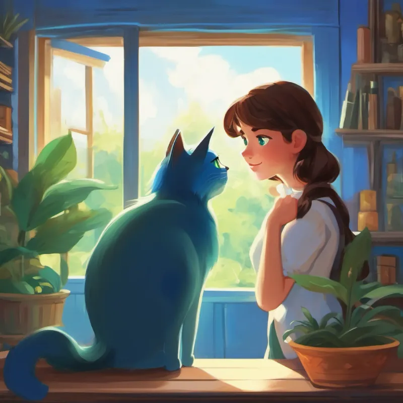 Girl with brown hair and bright green eyes, always curious meeting Chatty blue cat with deep blue eyes, wise and fun, the talking blue cat, explaining the problem.