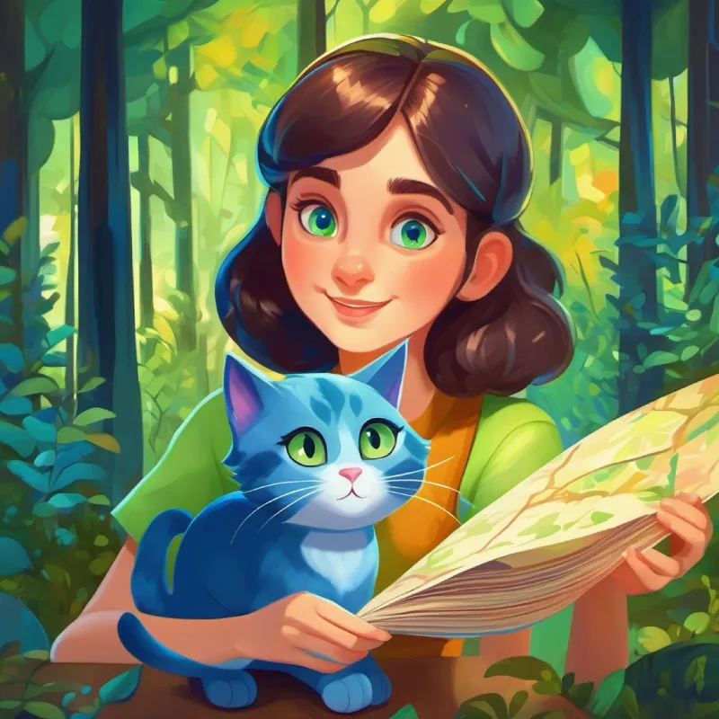 Girl with brown hair and bright green eyes, always curious and Chatty blue cat with deep blue eyes, wise and fun in a multicolored forest, receiving a map.
