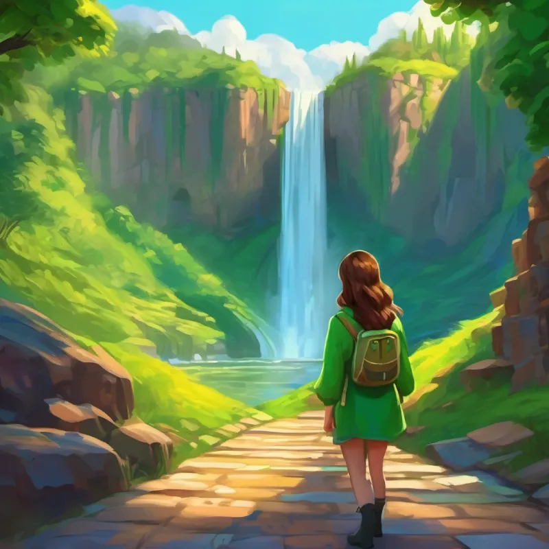 Girl with brown hair and bright green eyes, always curious's journey past unique, colorful landmarks to the waterfall.