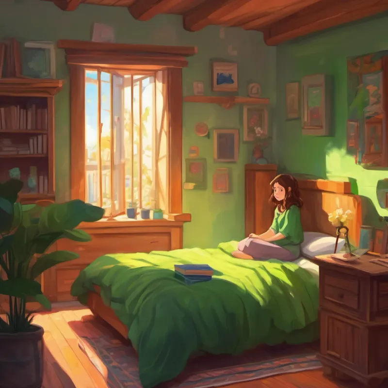 Girl with brown hair and bright green eyes, always curious waking up in her room, the adventure seems like a real dream.