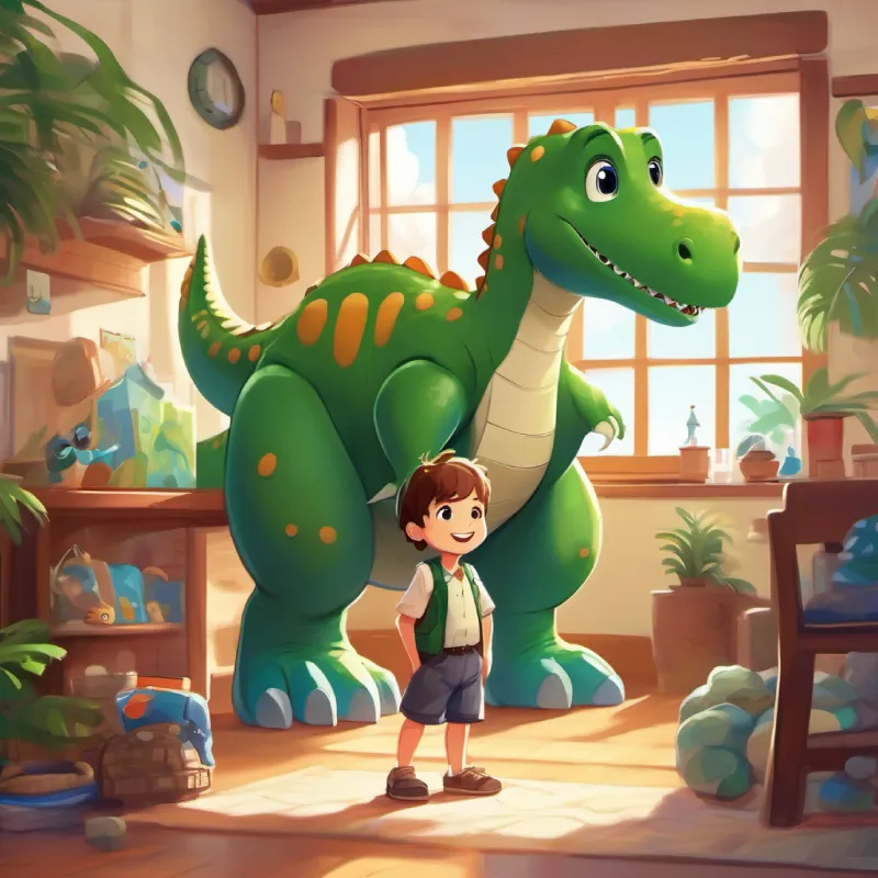 Introduction of Energetic boy, short brown hair, blue eyes, smiley and Large green dinosaur, kind eyes, always smiling, at home on a special day