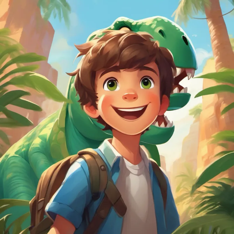 Flashback of Energetic boy, short brown hair, blue eyes, smiley meeting Large green dinosaur, kind eyes, always smiling, a playful tone